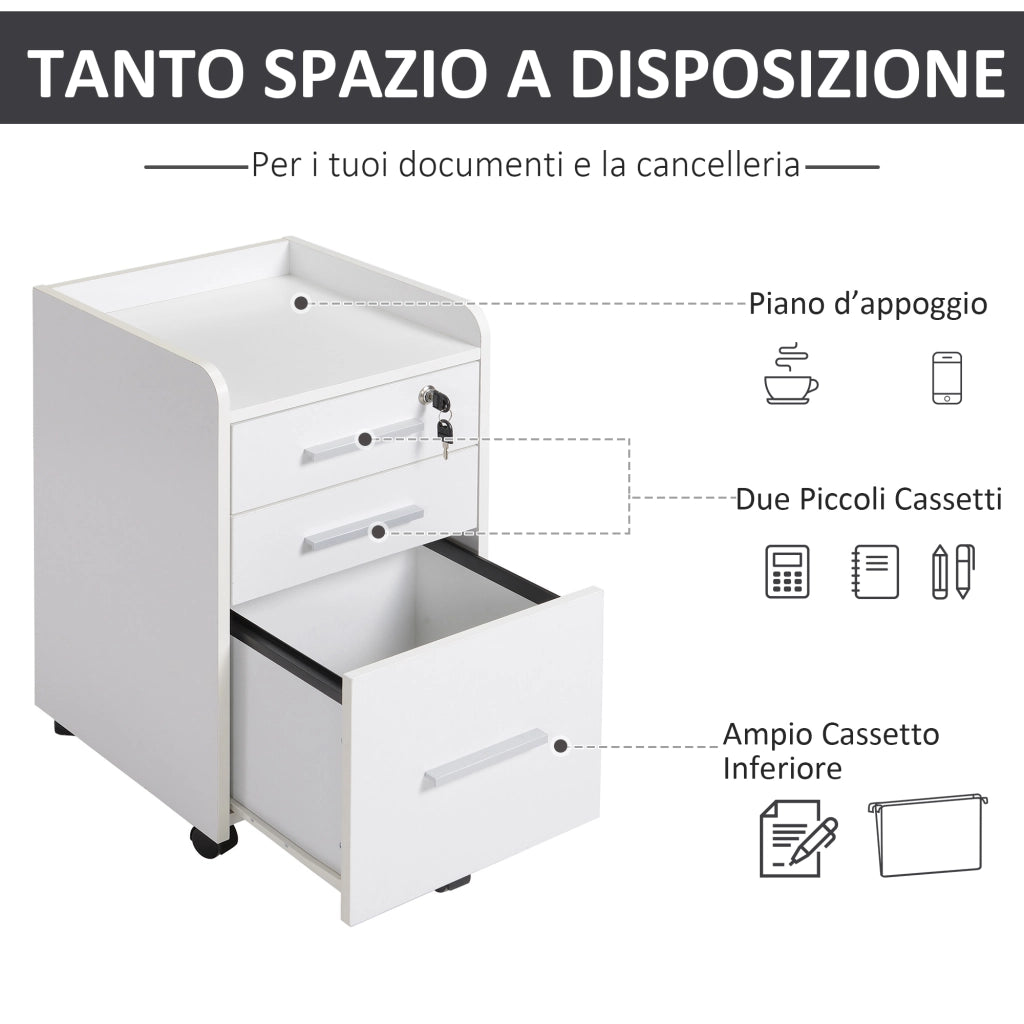 Cassettiera Portadocumento da Ufficio Bianca in Legno 3 Cassetti, Chiavi