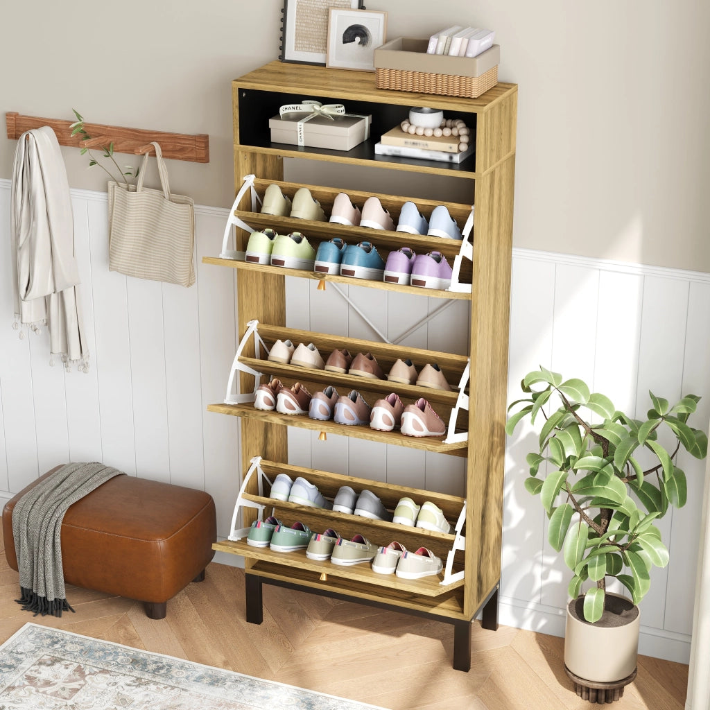 Mobile Scarpiera con 3 Ante a Ribalta e Vani Aperti; Stile Japandi; in MDF; 63×24×147 cm; Naturale