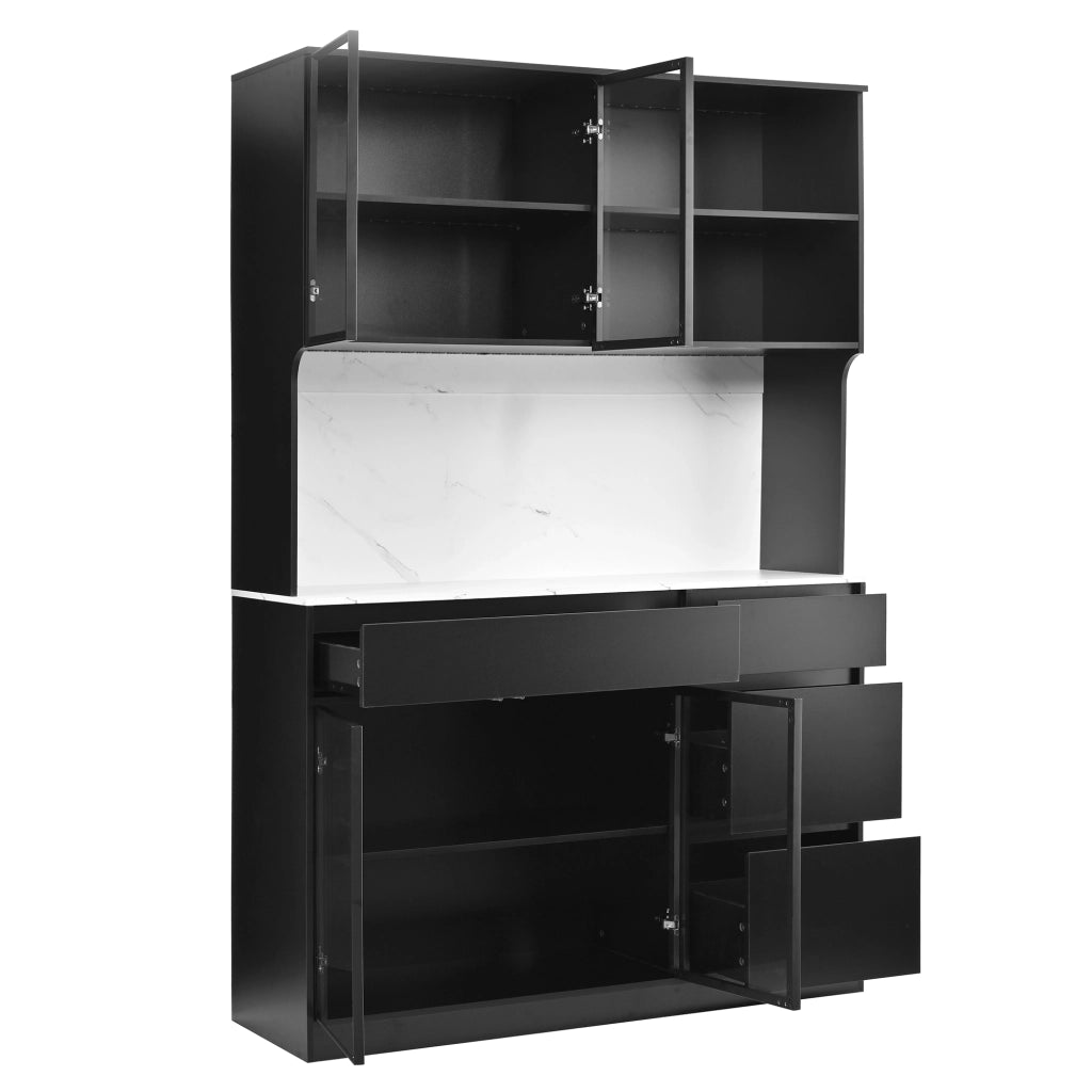 Credenza alta con LED e ante in vetro, cassetti e vani aperti, per soggiorno e sala da pranzo, 120 × 40 × 180 cm