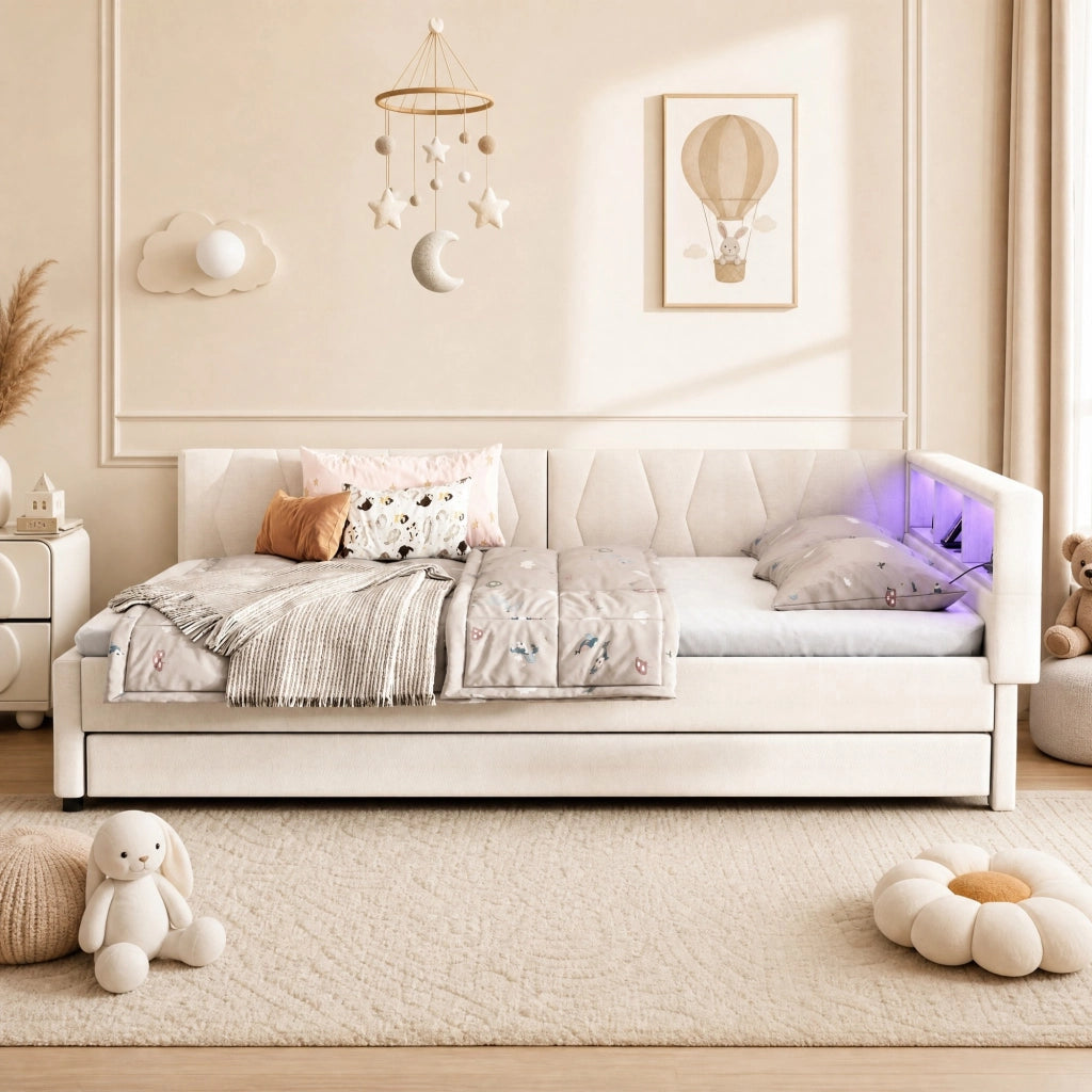 LETTO Estraibile 140x200 cm Beige in Lino con USB Tipo C e LED
