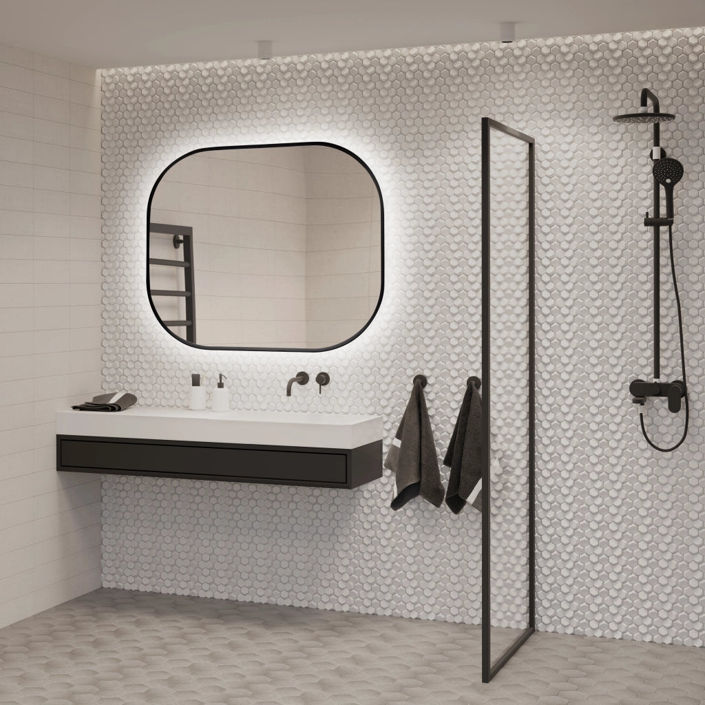 Emuca Specchio Cepheus con illuminazione LED decorativa e cornice nera, tondo rettangolare 600 x 800 mm, 12 W, Alluminio e Vetro, 1 u.