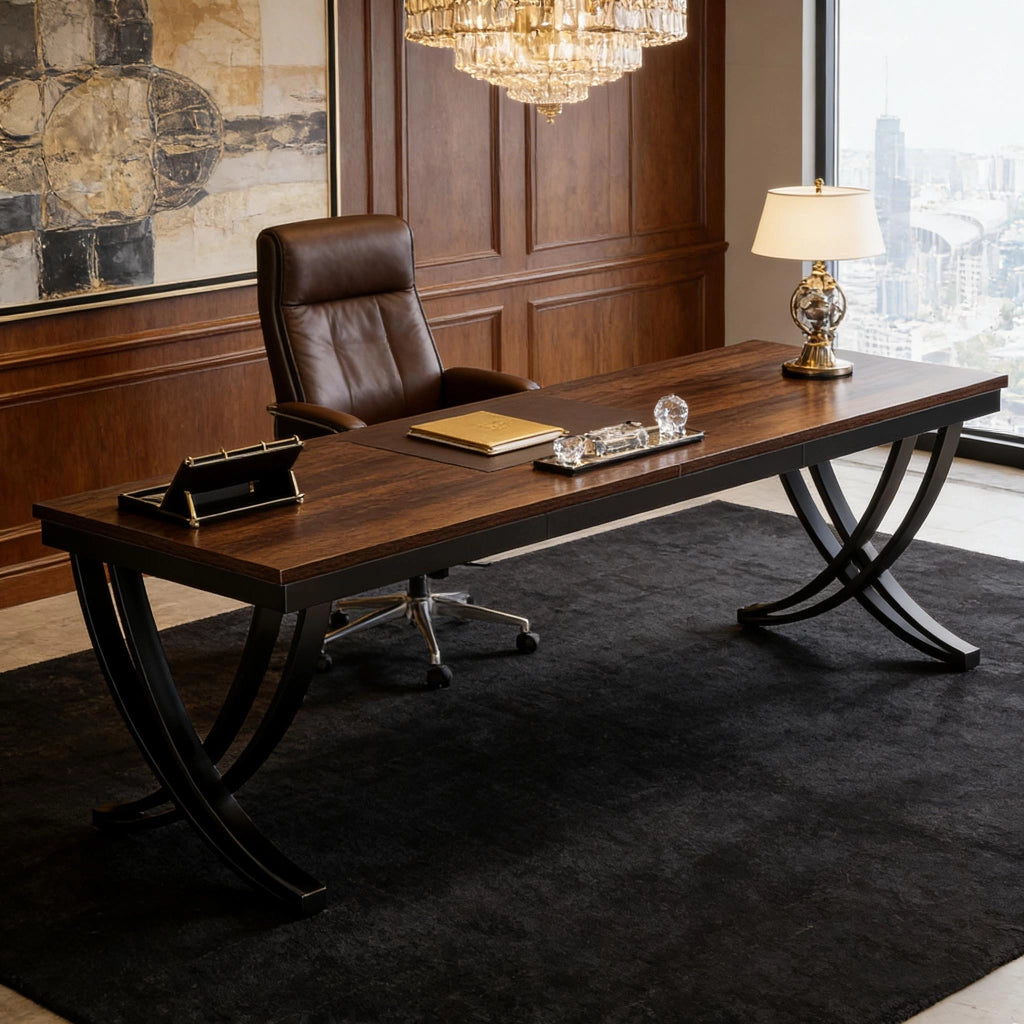 Scrivania lineare per 2 persone con ampio piano, struttura in metallo e legno, stile industriale, per ufficio, 200 × 70 cm