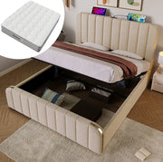 Letto matrimoniale imbottito con contenitore idraulico; USB e Type-C; 140x200 cm; beige