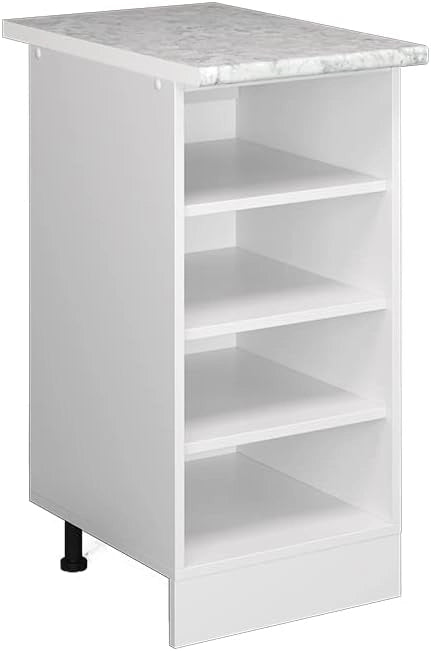Base a ripiani R-Line, Bianco, 40 cm con ripiani aperti, con piano di lavoro, per conservazione laterale e accesso rapido