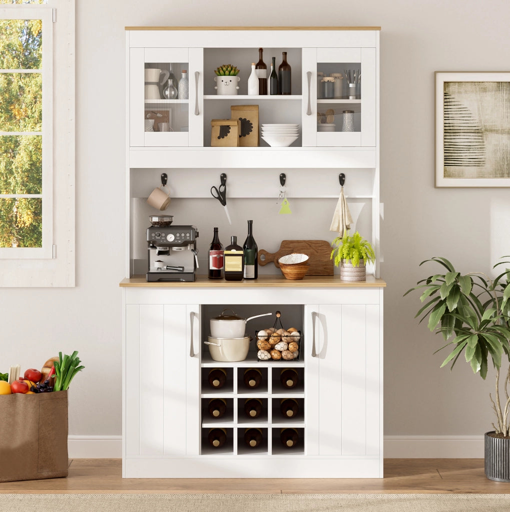 Credenza cucina con vetrine, portabottiglie e ganci 175 cm