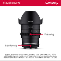 Obiettivo grandangolare per cinema e video MF 24mm T1,5 VDSLR MK2 – luminosità T1,5 per Canon EF Mount, Lunghezza focale fissa, full-frame e APS-C, risoluzione 8K