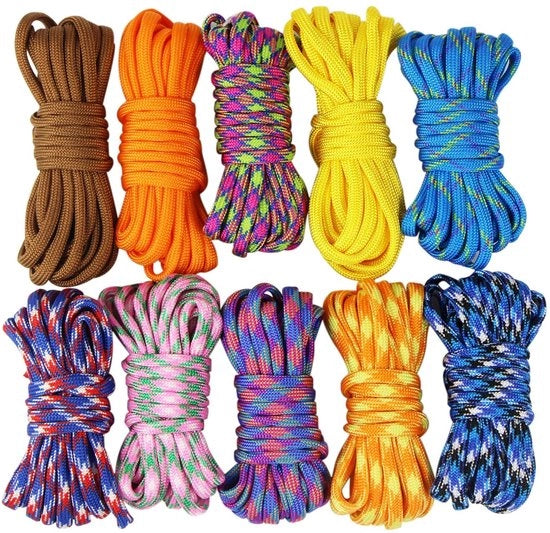 Set di corda paracord 10 pezzi - Corda paracord - Chiave da parete - Bracciale - Fai da te - 3 metri per pezzo