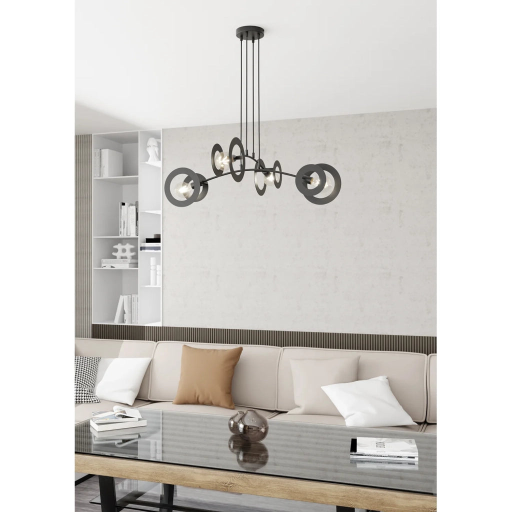 Lampadario 4 Luci Crono In Acciaio Nero A Bracci E Diffusori A Doppio Cerchio