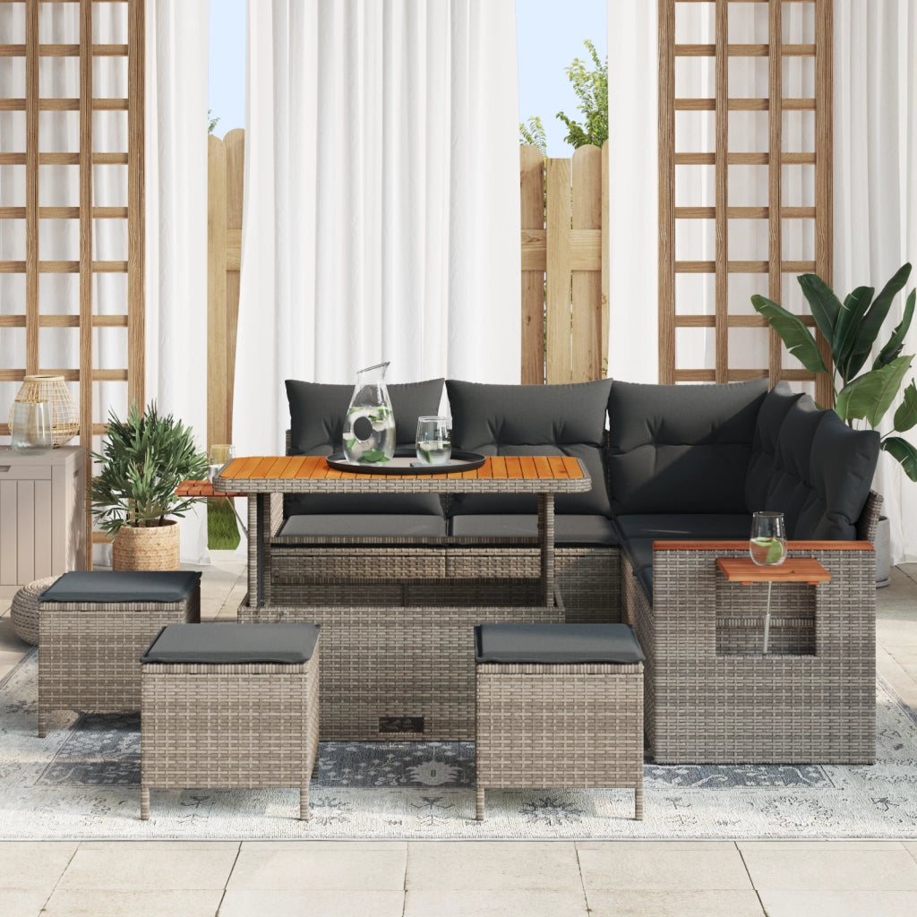 Set Divano da Giardino 9 Pezzi con Cuscini Grigio In Polyrattan Acacia