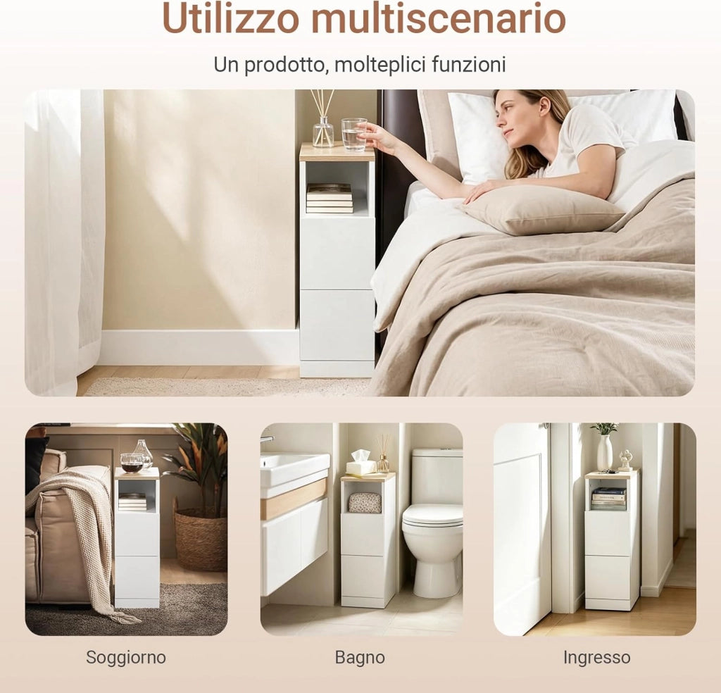 comodino camera da letto stretto 20 cm, tavolino da letto & tavolino salotto con 2 cassetti, mobile salvaspazio per camera e nicchie, ideale per inquilini e letto a molle, bianco, 20x35x60 cm