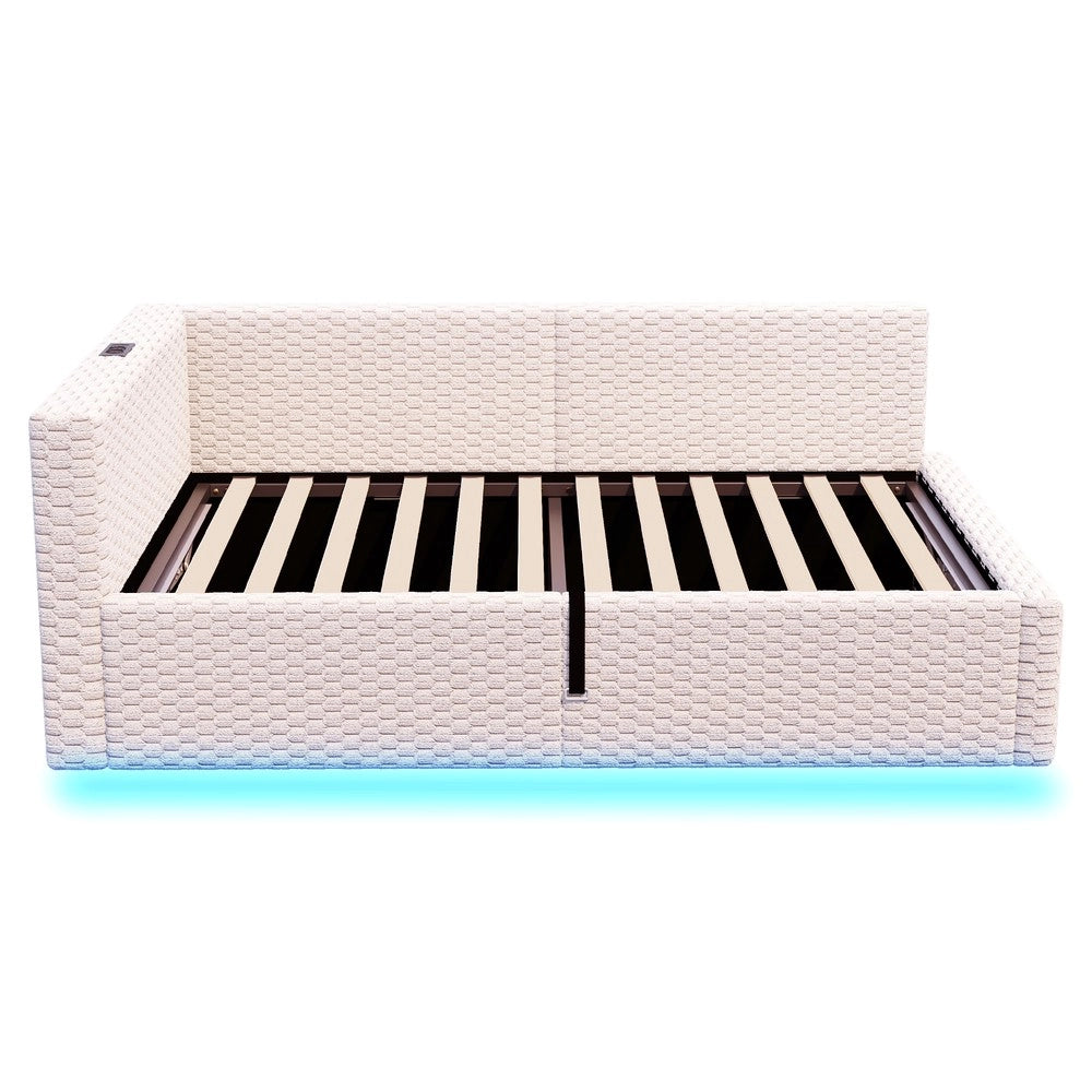 Letto imbottito 90x200 cm - Zephmum - LED, 2 USB, schienale L imbottito, velluto, idraulico, beige