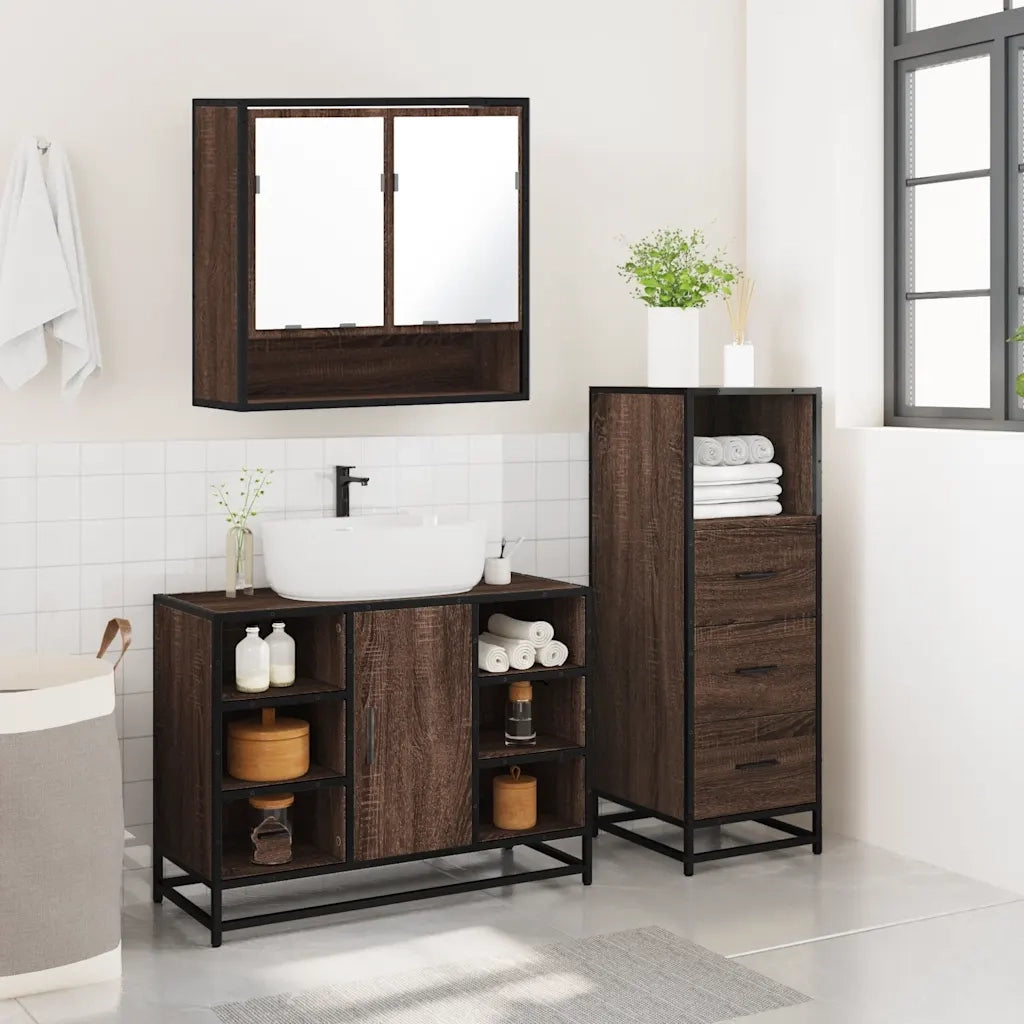 Set Mobili da Bagno 3 pz Rovere Marrone in Legno Multistrato