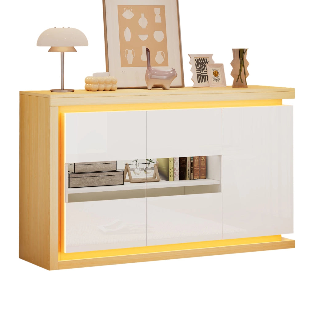 Credenza con 3 ante e ripiani regolabili; illuminazione LED per soggiorno ingresso e ufficio 140 x 40 x 84 cm bianco