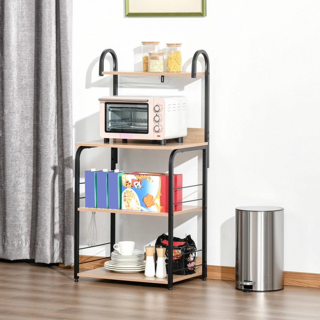 Mobiletto Microonde da Cucina con 4 Ripiani e 4 Ganci, in Acciaio e Legno, 60x40x125 cm, Color Legno