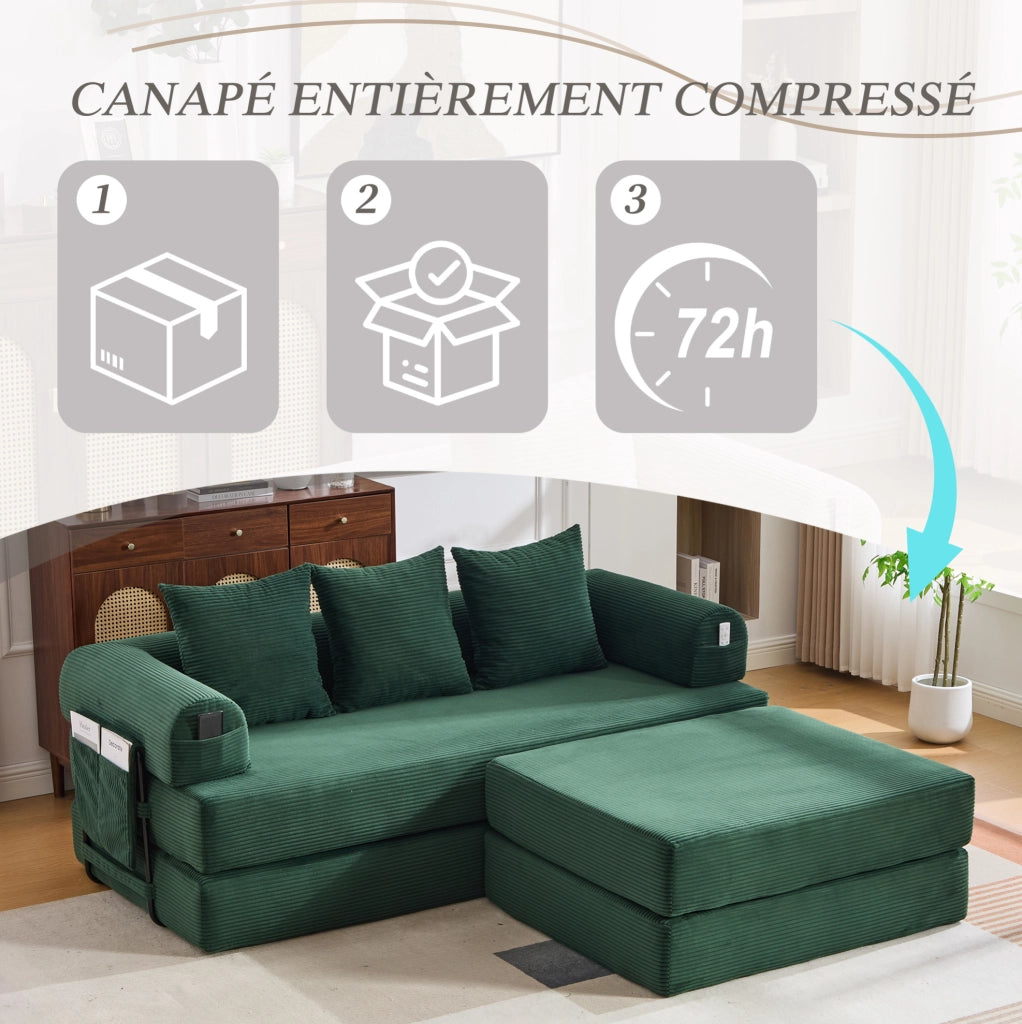 Divano modulare in corduroy con pouf; 200x190x67 cm; verde smeraldo