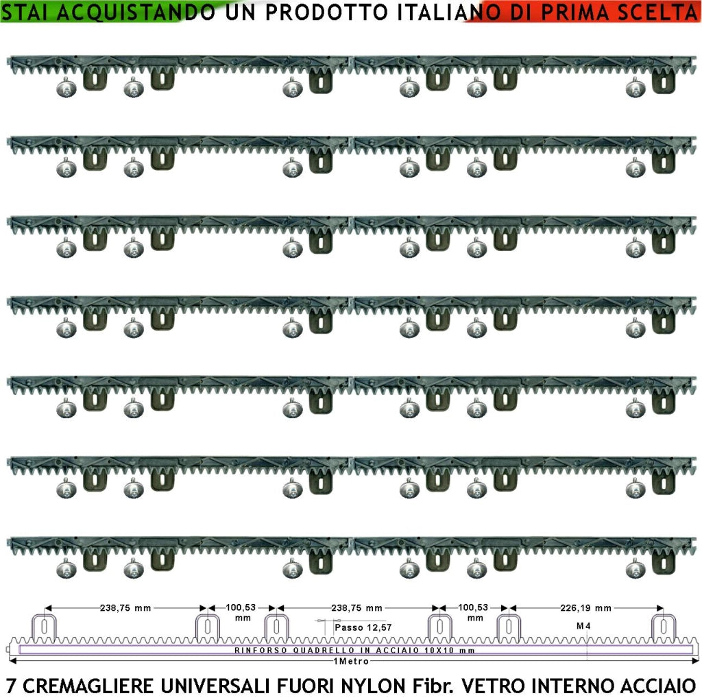 Kit Cremagliera M4 Antiusura Universale Sette Pezzi da 1 MT in Nylon Antirumore Interno Acciaio Portata Garantita 6 Q.li Max 10 Q.li 6 Bulloni X Metro Ricambio Cancello Scorrevole Giunture a Incastro