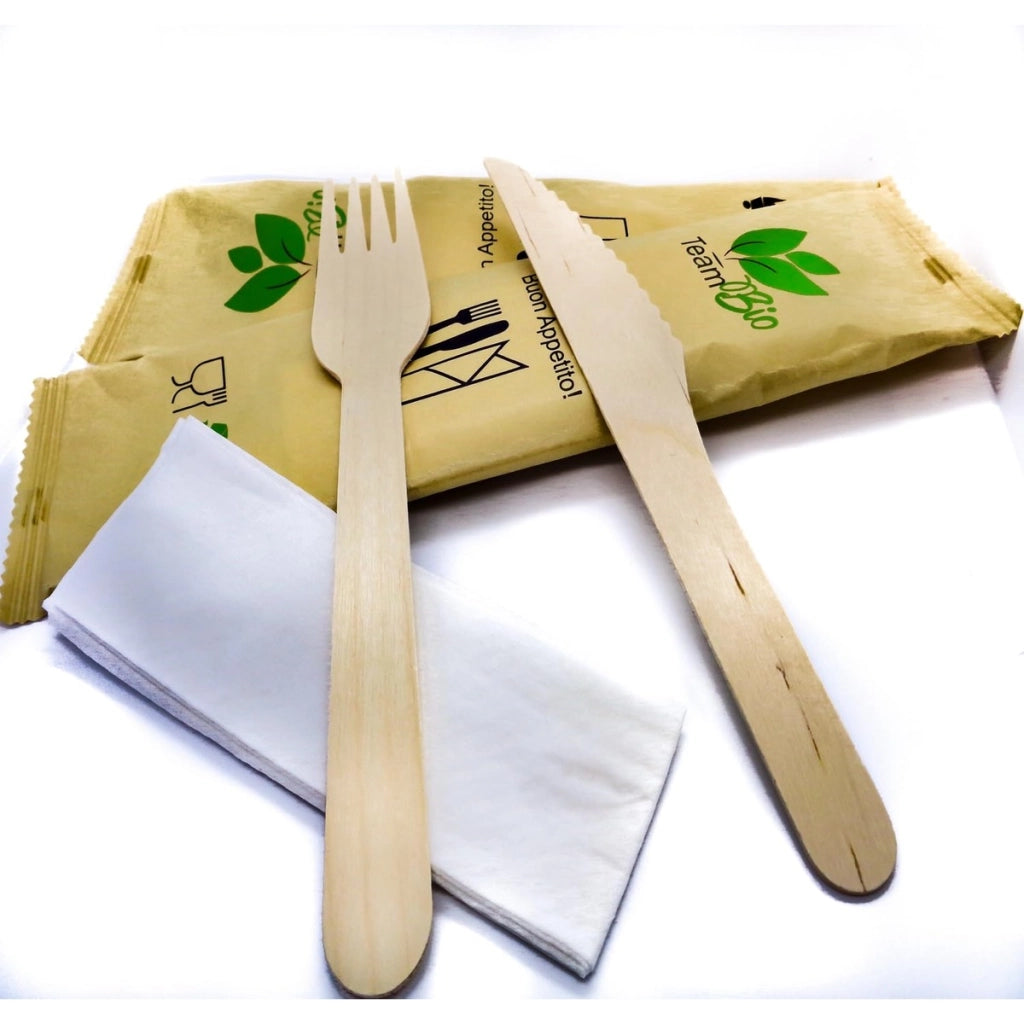 Set posate usa e getta in legno di betulla | Ecologico, Biodegradabile, Compostabile, 100% Naturale | No Plastica - Forchetta, Coltello e Salvietta 3 veli di Carta (Pacco da 25 pezzi)
