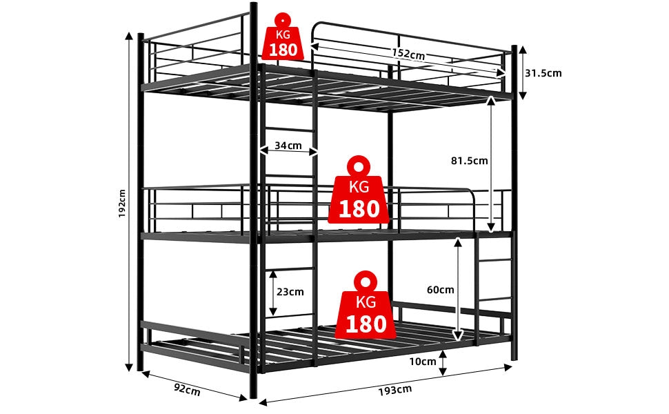 Letto a Castello Triplo con Scala e Ringhiera ¨C MINIMAL ¨C Legno, Senza Molle
