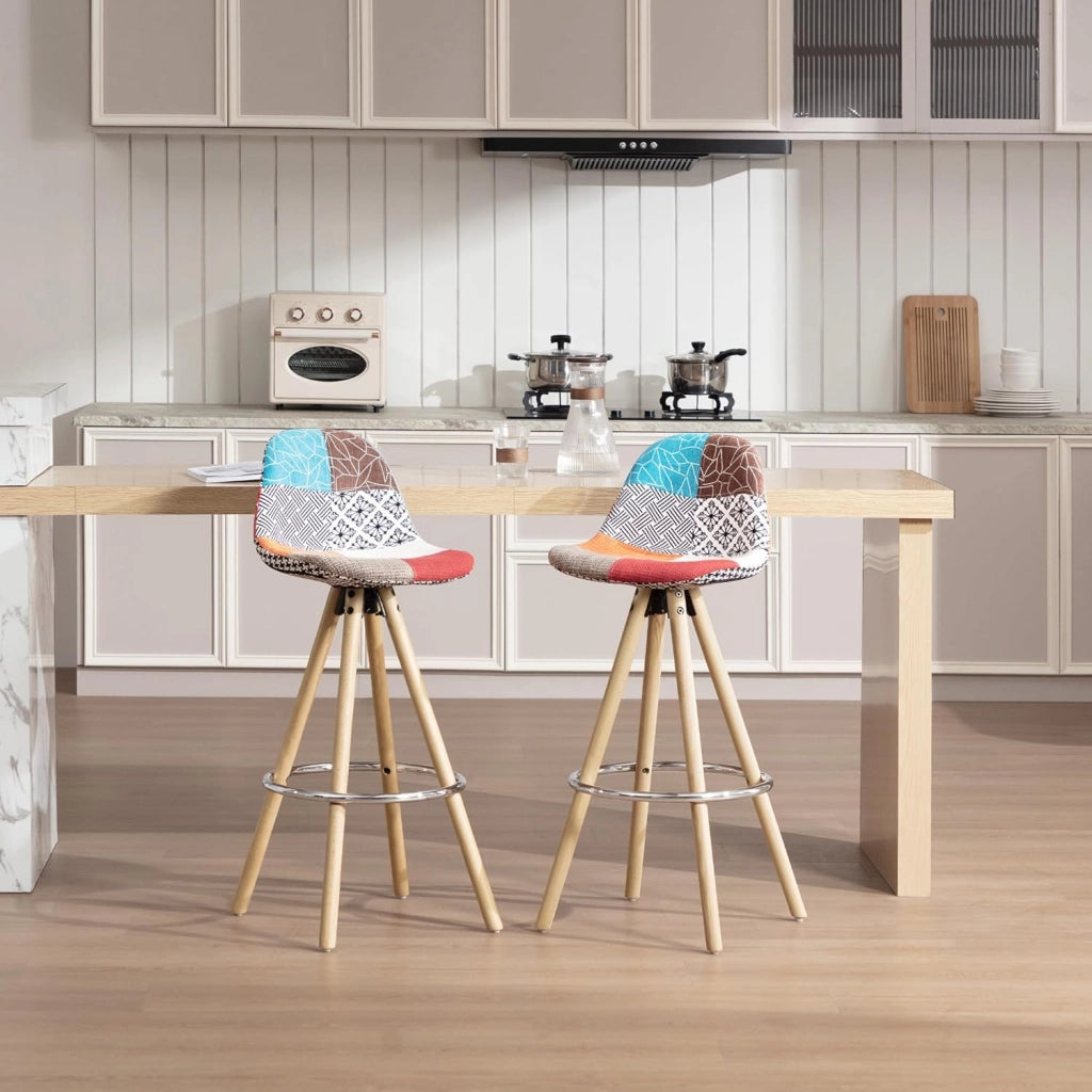 Sgabelli Bar Set di 2, Sedia Alta con Schienale e Poggiapiedi per Isola Cucina, Pub, Sala da Pranzo, in Gambe Legno, Lino, Patchwork