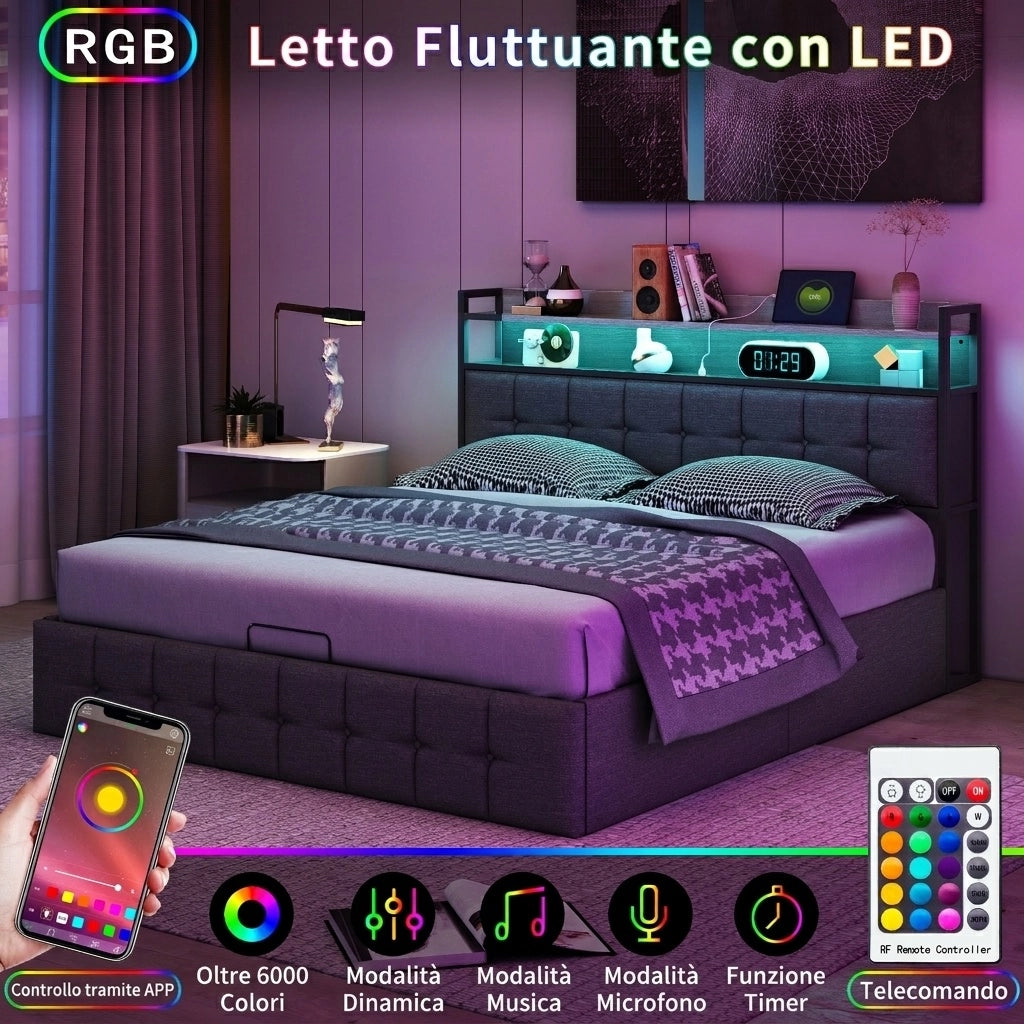 Letto matrimoniale 140x190 cm con contenitore LED USB testiera struttura letto MDF e PU - grigio