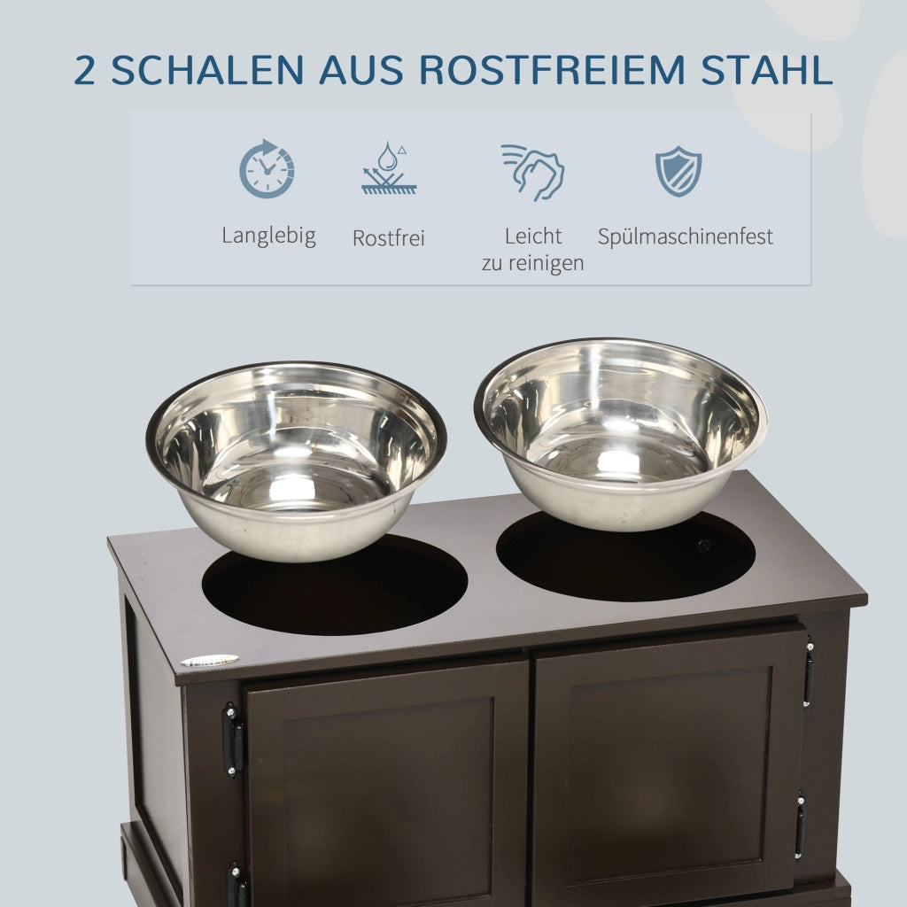 Mangiatoia rialzata per cani con contenitore e 2 ciotole estraibili in MDF color caffè 60 × 30 × 34 cm