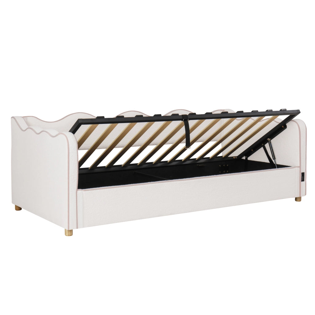 Letto imbottito 90x200 cm con contenitore idraulico, bouclé beige, con presa USB e Tipo-C