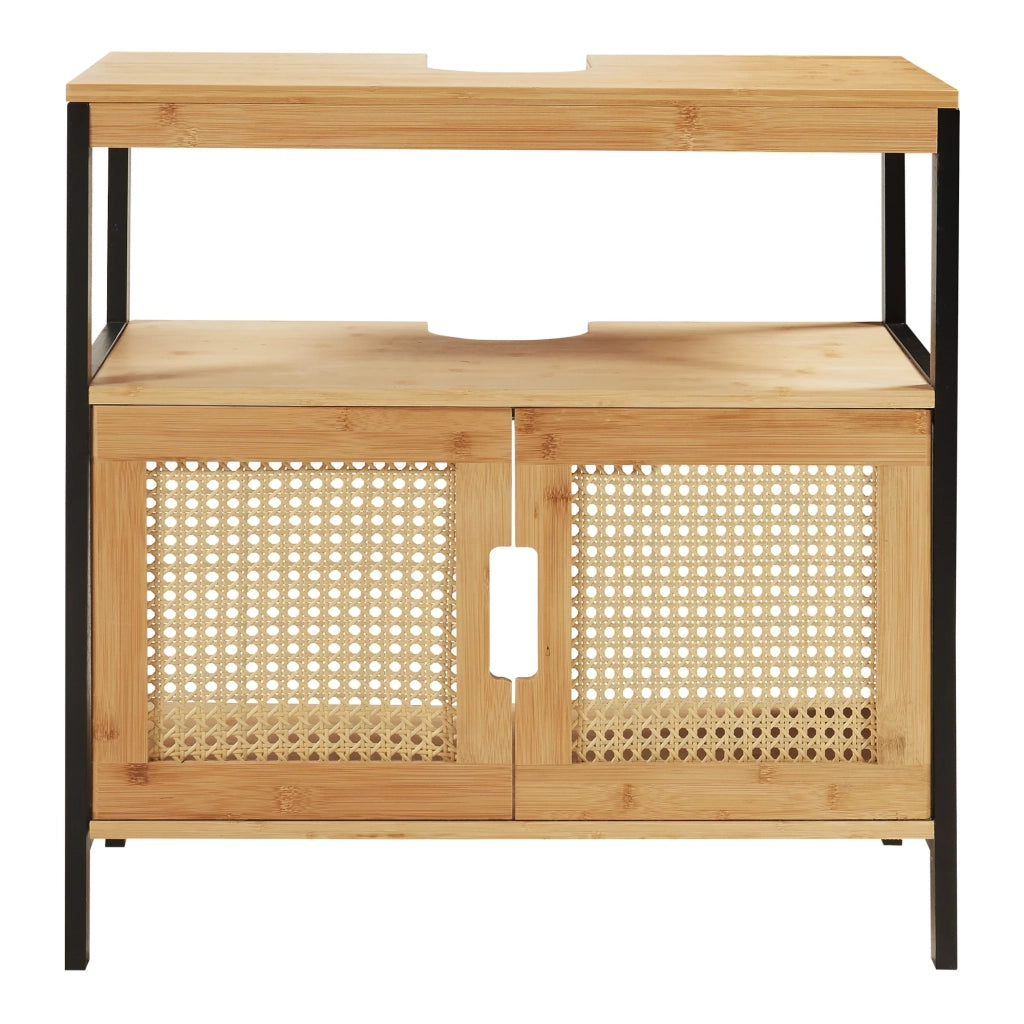 Mobiletto sottolavabo per bagno design in bambù 60 x 60 x 35 cm effetto rattan nero naturale 03_0010006