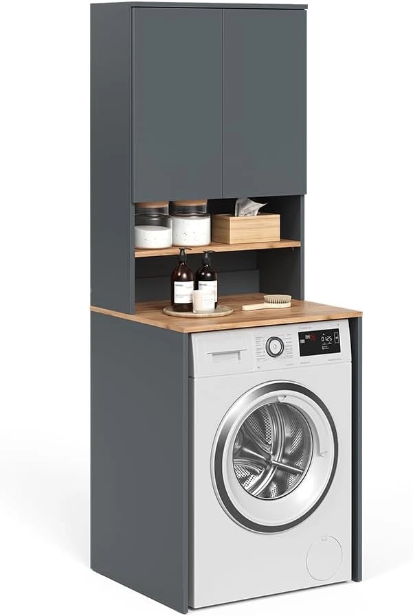 Mobile lavatrice Viktor, Antracite/quercia dorata, 68 x 88.2 cm 2 parti con ripiano, adatto per riporre detersivo e asciugamani