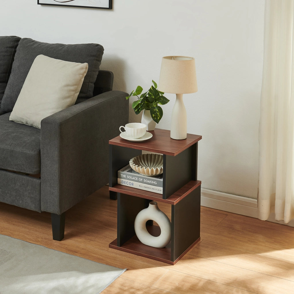 Tavolino Laterale Trond Mobiletto Basso a 2 Scomparti 50 x 33 x 29 cm - Nero/Effetto Noce [en.casa]