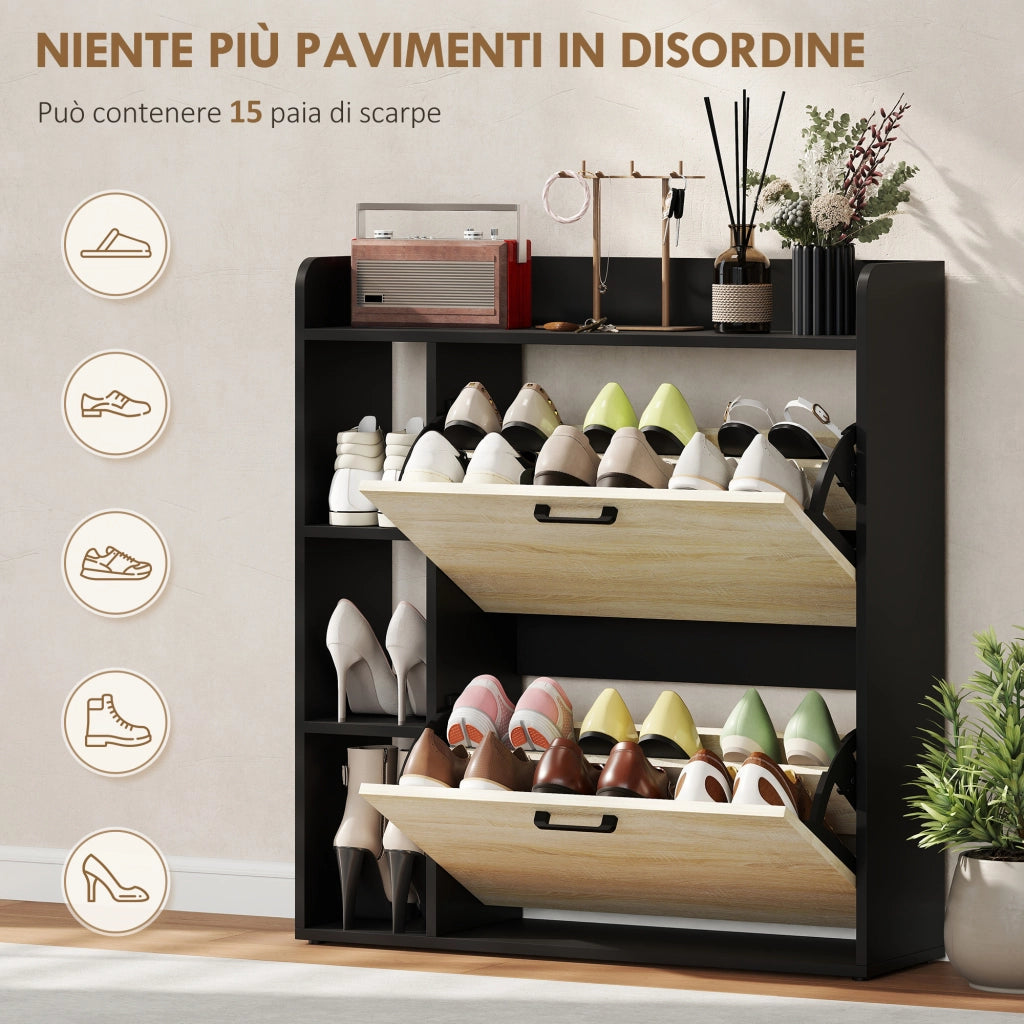 Scarpiera con 2 Cassetti e 3 Vani Aperti ¨C zephmum ¨C Nero 83x24x90.5 cm