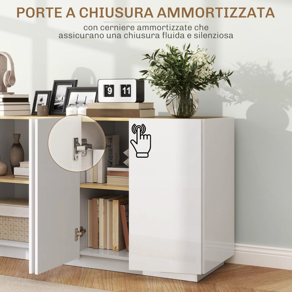Credenza 2 Ante con Chiusura Ammortizzata 140x40x75 cm Bianco Lucido