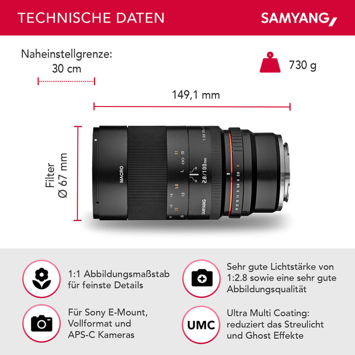 MF 100mm F2.8 Macro per Sony E - Teleobiettivo macro per Sony E, adatto per APS-C e full frame, messa a fuoco manuale, per Sony E - A6100, A6400, A6600, A6500, A1, A7S III, A7C II A7C R