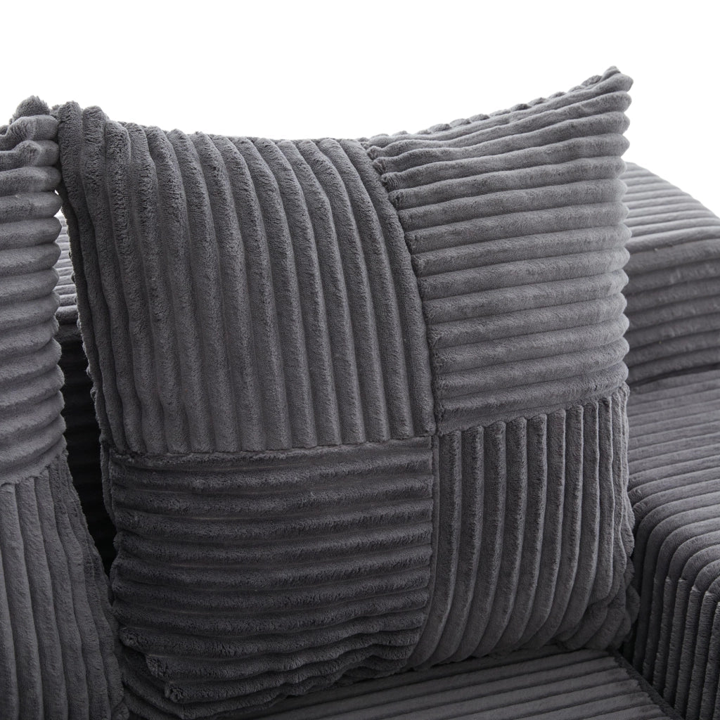 Divano pouf 151x133x64 cm con tasche laterali e 2 cuscini in velluto a coste grigio
