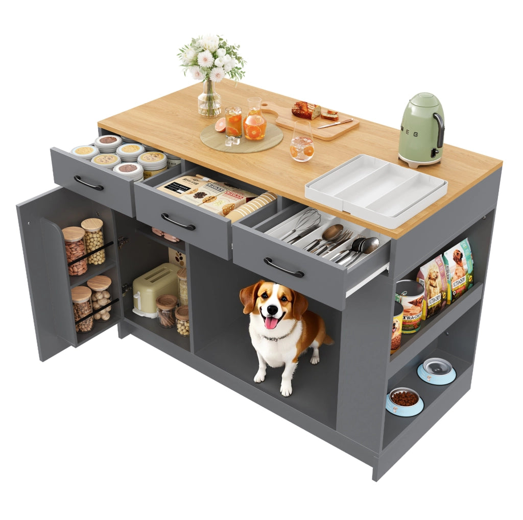 Carrello da cucina grigio con area per animali e 3 cassetti