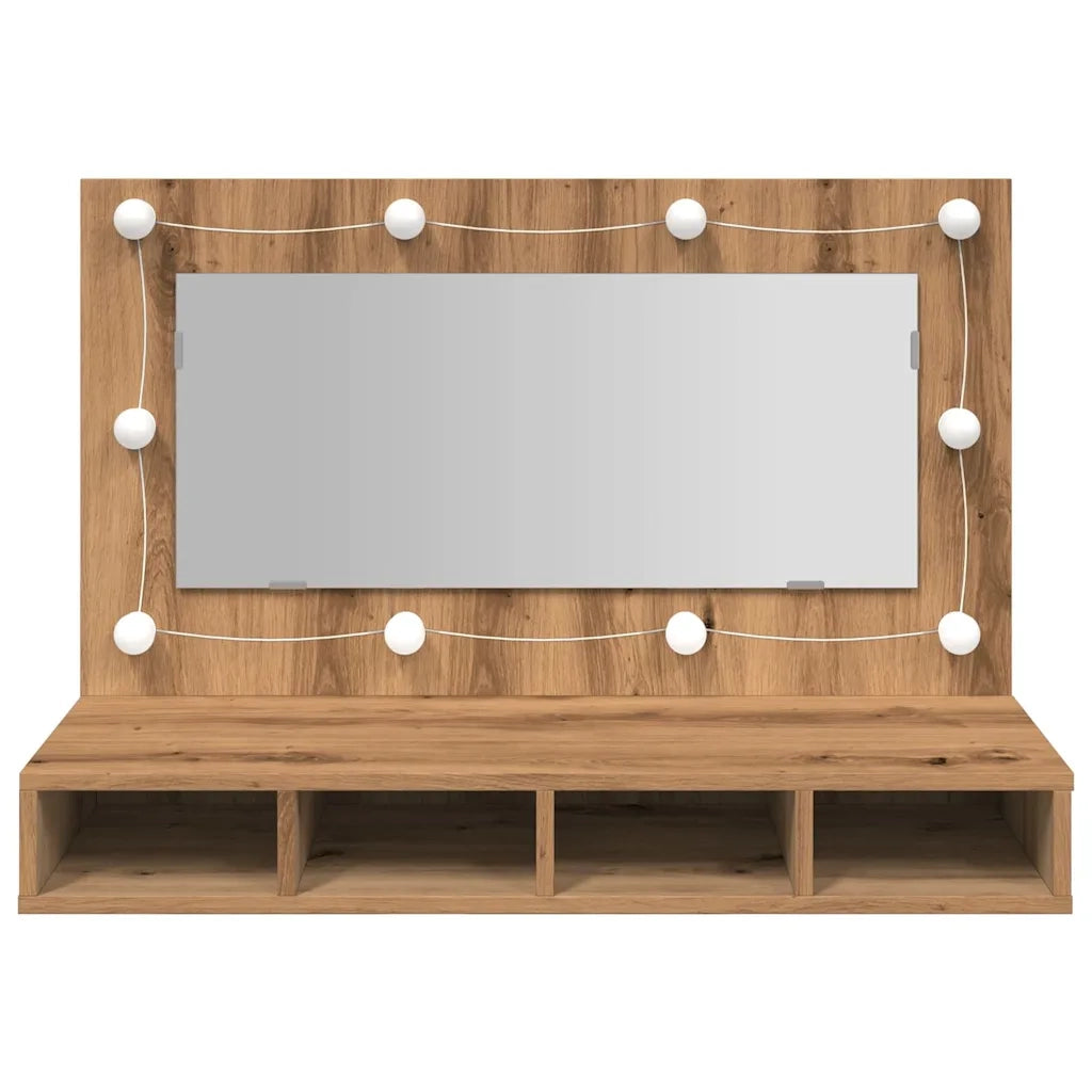 Mobiletto a specchio con LED in rovere artigianale 90x31,5x62 cm 857006