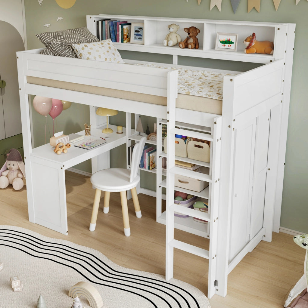 Letto a castello 90x200 cm con scrivania, armadio e scaffali bianco