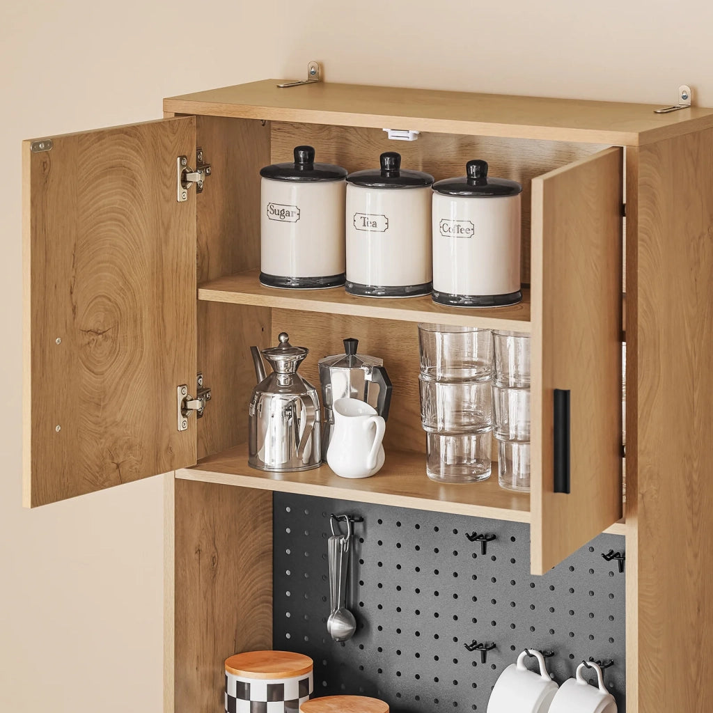 SoBuy Credenza alta da cucina con pegboard Ripiano per microonde e ampio spazio contenitivo Mobile multiuso vintage Naturale 60x40x170 cm FSB98-N