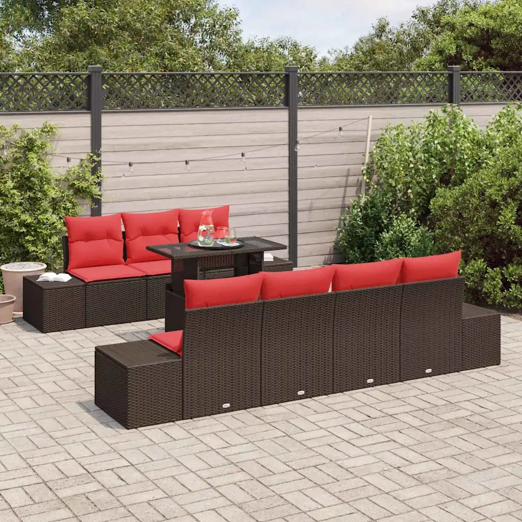 Set Divano da Giardino 8 pz 7-Numero di posti Marrone e Rosso 3357867
