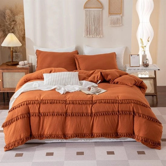 Set da letto boho chic 220x240cm a 3 pezzi con frange a forma di penna in caramello, set da letto con microfibra lavabile, set da letto per bambina con chiusura a zip e 2 cuscini.
