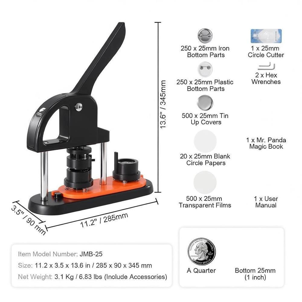 Button Machine, Button Maker, 25mm, 500 Pieces. Badge Punch Press, Button Press, DIY Badge Press Machine, Button Badge Maker For Personalized Badges, Including Instruction Booklet.