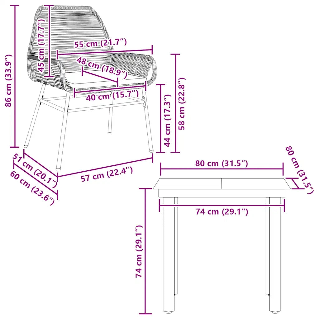 Set da Pranzo da Giardino 3 pz | Set Salotto da Giardino con Cuscini Polyrattan Vetro