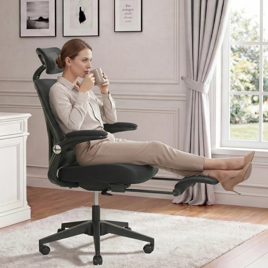 Chaise de bureau ergonomica pieghevole con supporto lombare e poggiatesta 3D in schiuma nera 65 × 61 × 40,5 cm