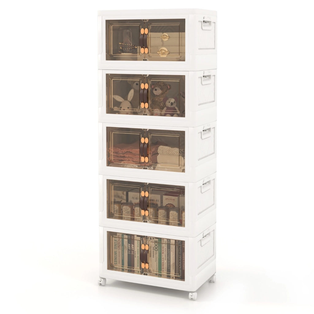 Set di contenitori impilabili con ruote bloccabili, Mobile in PP pieghevole con coperchi Bianco 59,5x37,5x169cm-Cassettiere
