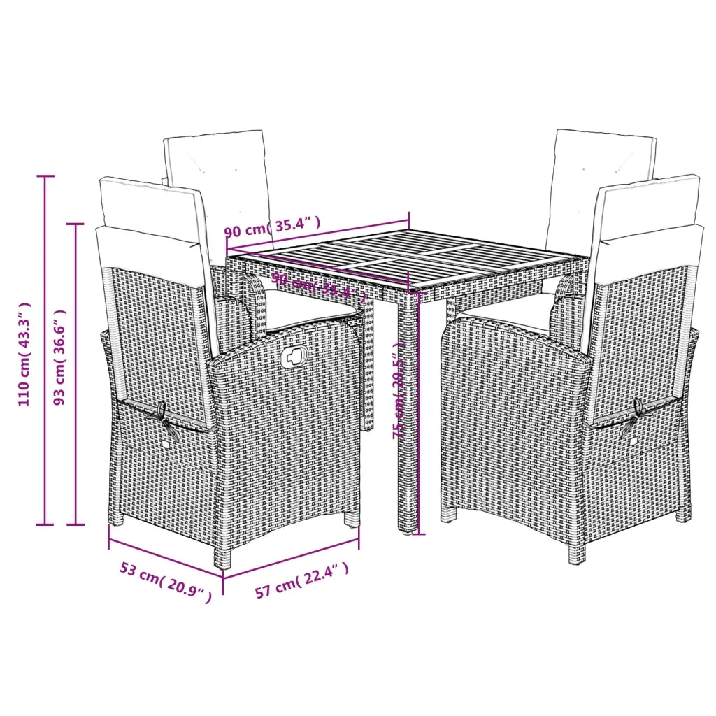 Set da Pranzo da Giardino 5 pz Nero con Cuscini in Polyrattan 3212232