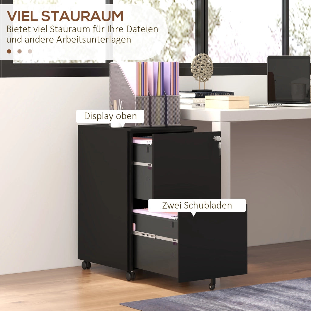 Mobiletto portadocumenti nero con ruote, dotato di 2 cassetti con serratura e rotelle in acciaio, dimensioni 37x43,5x67,5 cm, ideale per ufficio e