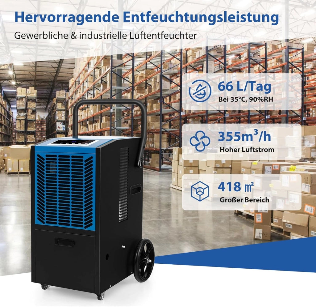 Deumidificatore Elettrico 66L/Giorno, Deumidificatore Professionale con Pompa di Scarico Automatica, Tubo di Scarico, Filtro Rimovibile, per Cantine, Magazzini, Scantinati (Nero+Blu)