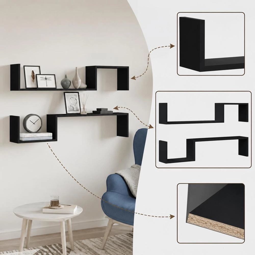 Wall Shelves, 2 Pieces, Black, 100x15x20 Cm, Wood-based Material