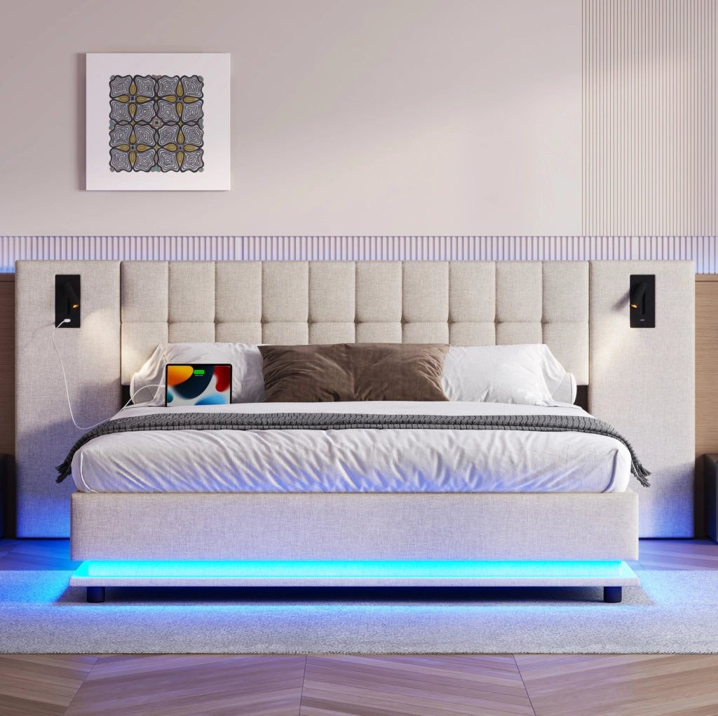 Letto imbottito 180x200 cm con LED; spot e USB in lino beige