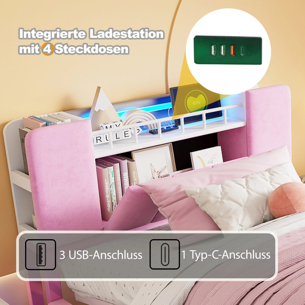 OKWISH Letto Bambino 90×200 cm, Letto Singolo con LED, USB, Contenitore con Sollevamento e Vano Testiera, senza Materasso, Rosa