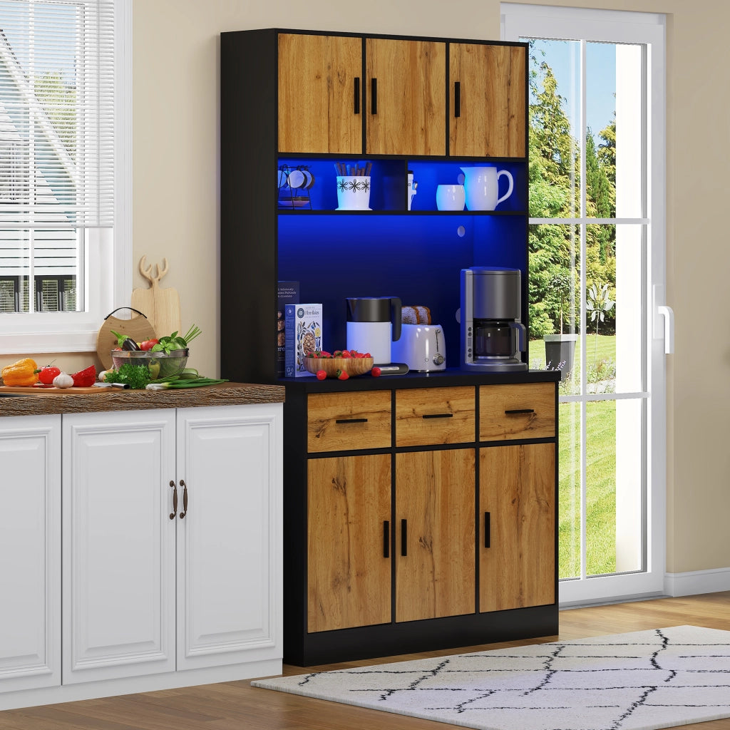 Credenza alta da cucina con 3 cassetti, 6 ante, ripiani regolabili, LED e prese USB, 100 × 40 × 180 cm